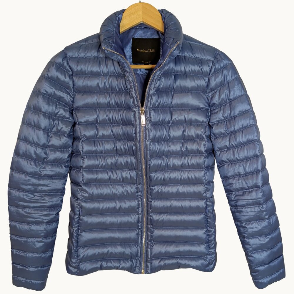Massimo Dutti Blue Quilted Down Puffer Jacket S Minimalist Quiet Luxury EUC